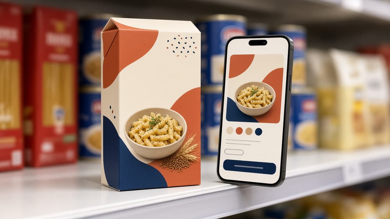 Embalagem na gôndola e celular com página de marca — QR Code como mídia
