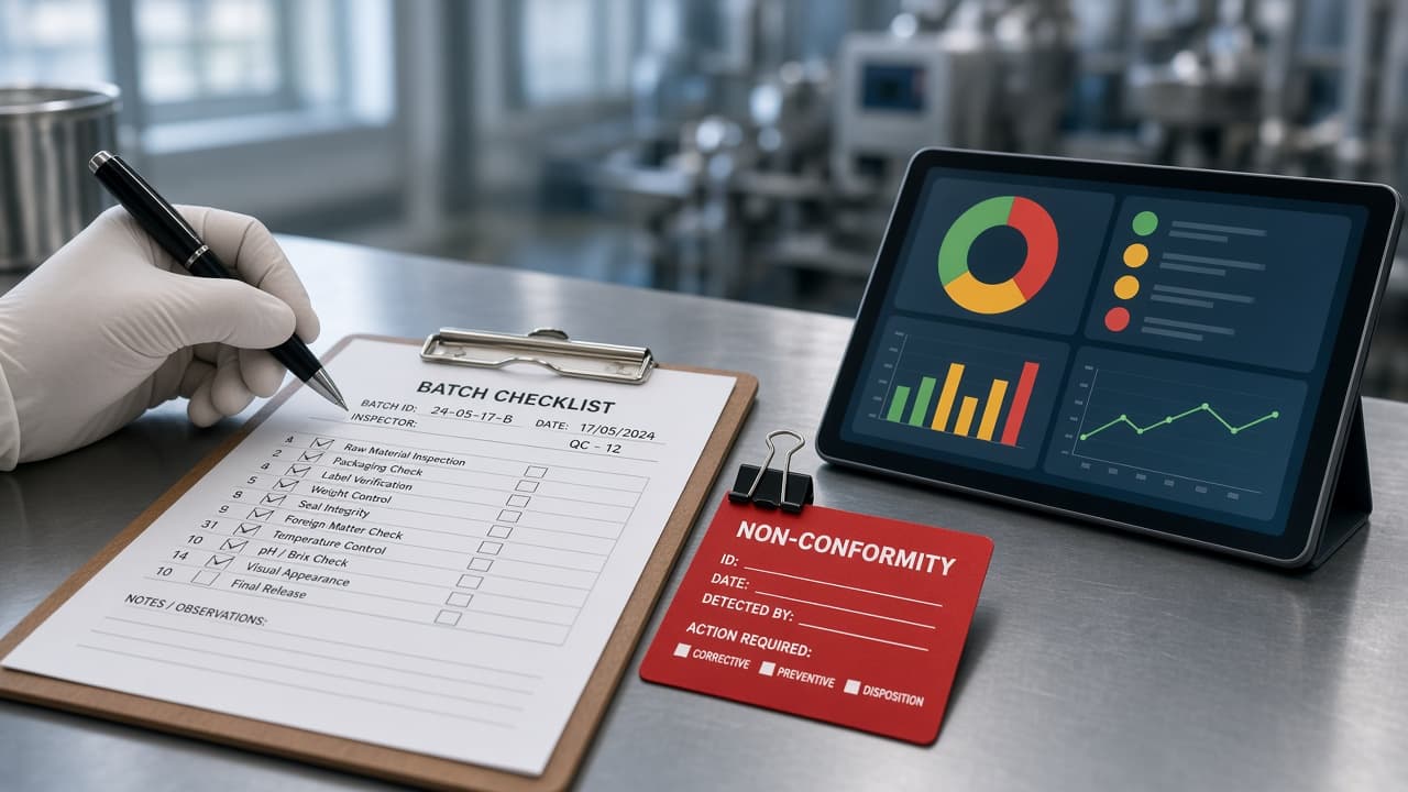 Controle de qualidade com checklist, não conformidade e status do lote