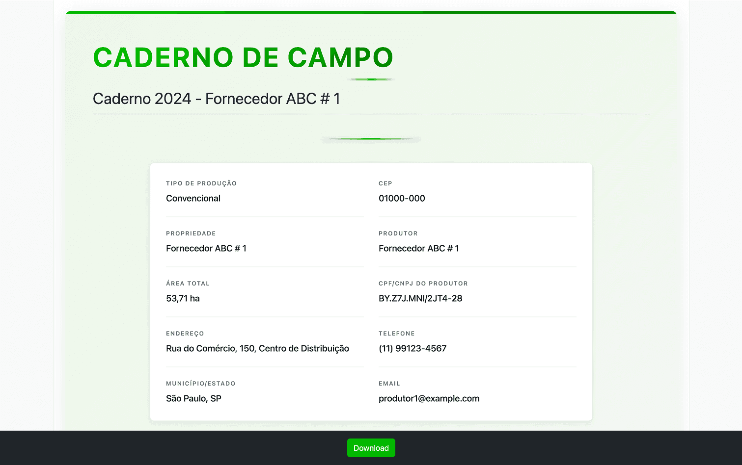 Seu campo documentado. **Gratuito** para o produtor.